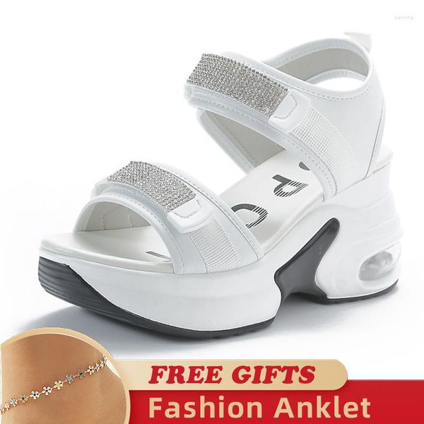 Sapatos de vestido strass 8cm 2023 sandálias de couro genuíno mulheres elevador confortável moda verão plataforma cunha senhoras hookloop