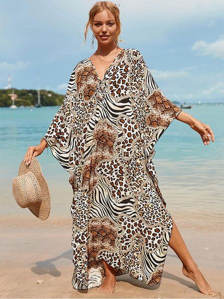 Abiti casual 2023 Boho stampato abito da spiaggia allentato scollo a V manica a pipistrello spacco laterale maxi abbigliamento estivo donna lungo caftano Q1297