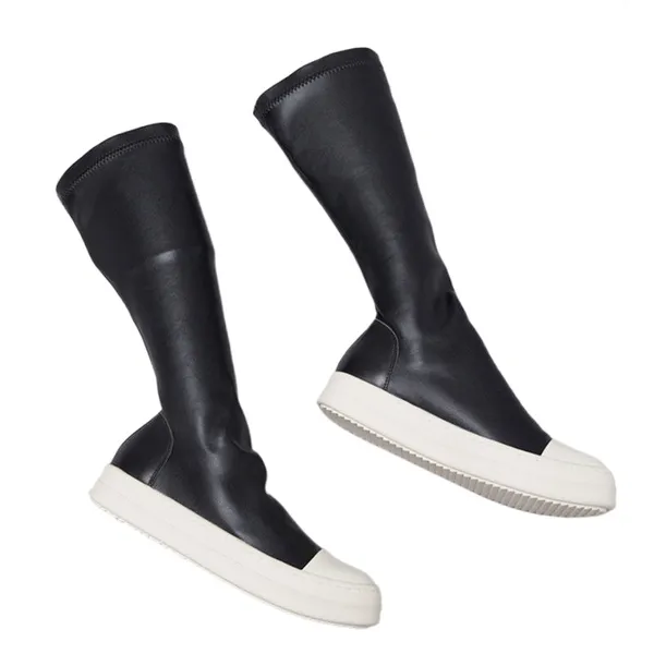 Stivali da ginocchio in pelle autentica da donna autunno inverno rotonde slip on shoes woman piattaforma di moda bota