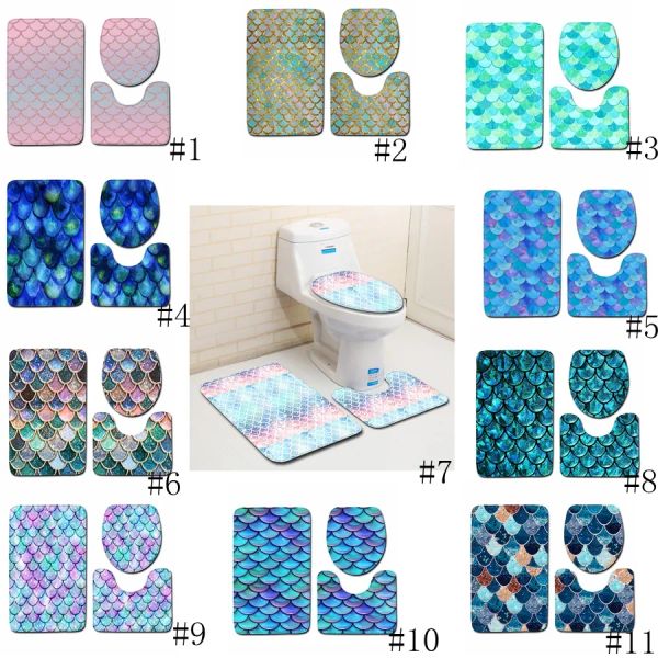 Moda escala de peixe impresso tapetes de banho 3 pçs/set anti-deslizamento tapetes do banheiro toalete tapete do banheiro