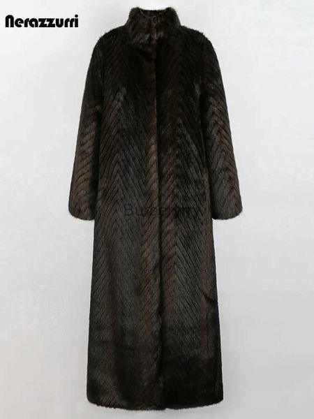 Pelliccia da donna Pelliccia sintetica Nerazzurri Inverno Extra lungo Spessore Caldo Lusso Elegante a righe Soffice finta pelliccia di visone Cappotto da donna Colletto alla coreana Maxi soprabito 2022L231007