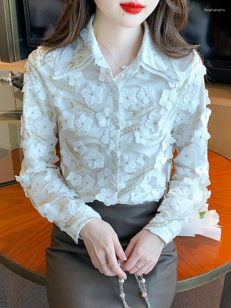 Damenblusen QOERLIN Langarm-Chiffon-Hemd für Damen, elegant, modisch, bestickt, Designer-Tops, Bluse, einreihig, 2023 im koreanischen Stil