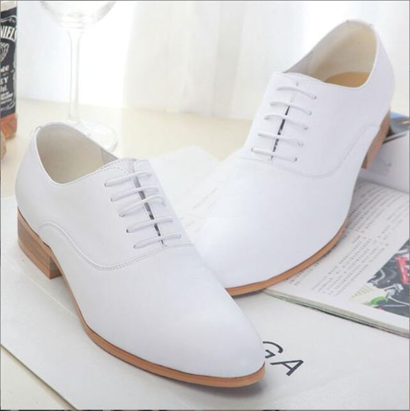 Sapatos de casamento masculinos de salto 3cm, couro genuíno, branco, preto, oxford, vestido de negócios, sapato com cadarço, ponta do pé, sapatos formais feitos à mão