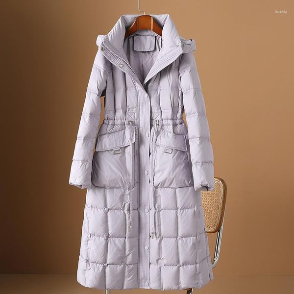 Trench da donna Piccolo piumino viola stile profumato inverno 2023 antivento con cappuccio lungo caldo