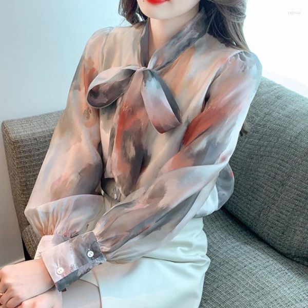 Blusas femininas outono moda manga longa chiffon camisa grande gola arco blusa 2023 topo escritório feminino camisas combinando