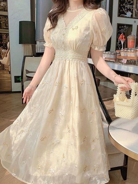 Casual Kleider Französisch Vintage Spitze Fee Midi Kleid Frauen Ästhetische Blume Gestickte Elegante Abend Party Ein Stück Koreanische