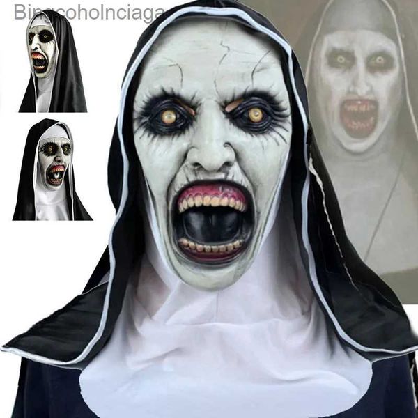 Thema Kostüm Horror Die Nonne Maske mit Kopftuch Latex Gruselige Vollkopfmaske mit Kopftuch Valak Cosplay für Halloween Come Prop GesichtsmaskenL231008