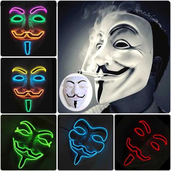 Máscaras de festa Luminous Light Up V para Vendetta Máscara Cosplay Guy Fawkes Hacker EL Fio Máscara Brilhante para Halloween Carnaval Masquerade Q231009