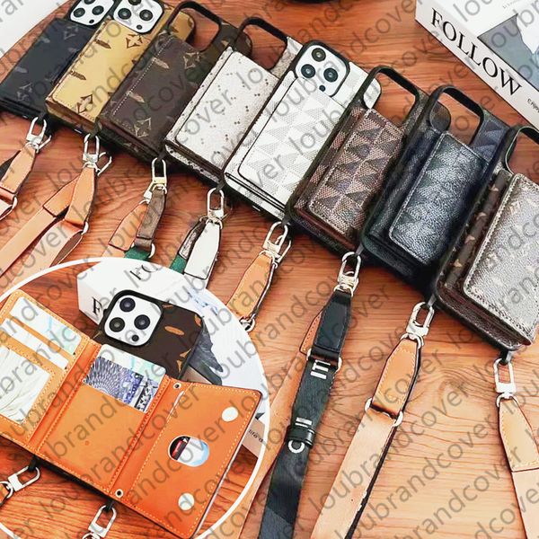 Top Designer Phone Case for iPhone 15 Pro Max 14 pro max 13 12 15Pro 15Plus Fashion Brand Leather Original Monogram Card Holder Wallet Handbag Crossbody Lanyard Cover