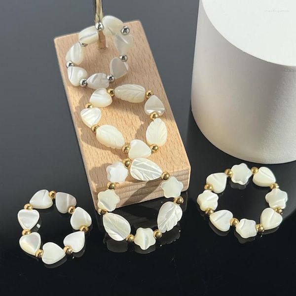 Anéis de cluster Branco Shell Folha Flor Coração Anel Handmade Jóias De Aço Inoxidável Moda Mulheres Declaração para Festa de Casamento Atacado