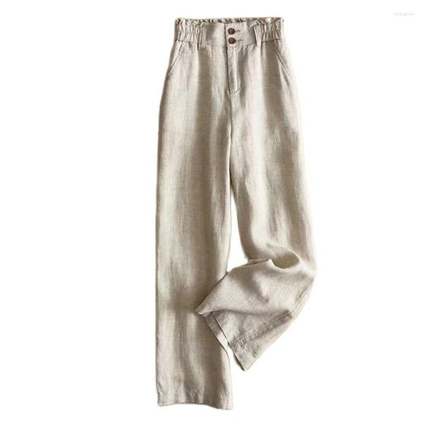 Pantaloni da donna Donna Lino Traspirante Fascia elastica in vita Grigio Bianco Nero Pantaloni estivi casual a gamba larga dritti S 3XL Taglie forti