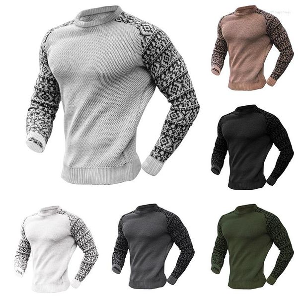 Мужские свитера 2023, осенний вафельный принт, пуловер в стиле ретро с круглым вырезом, базовый вязаный свитер с цветными блоками для мужчин