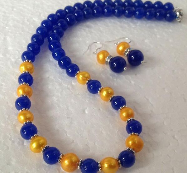 Collana Orecchini Set Perle coltivate Akoya dorate genuine/Perline di giada blu 18