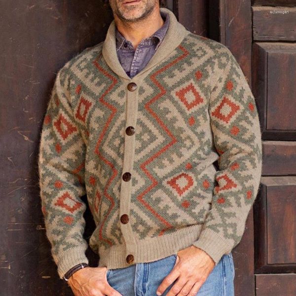 Suéter masculino outono e inverno Europa América Retro Indústria Pesada Jacquard Mens Roupas Cardigan Lapela Mangas Compridas Tricô Suéter