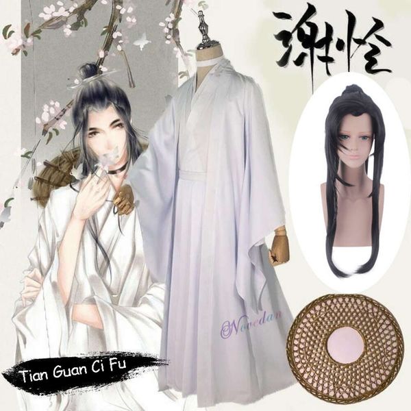 Tian guan ci fu cosplay xie lian cosplay traje xielian perucas chapéu de bambu prop chinês hanfu vestido anime roupa feminina mencosplay