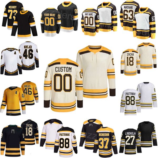 Costurado Hóquei 18 Pavel Zacha Jerseys 46 David Krejci 27 Hampus Lindholm 73 Charlie Mcavoy 88 David Pastrnak 63 Brad Marchand 37 Patrice Bergeron Homem Mulher Juventude