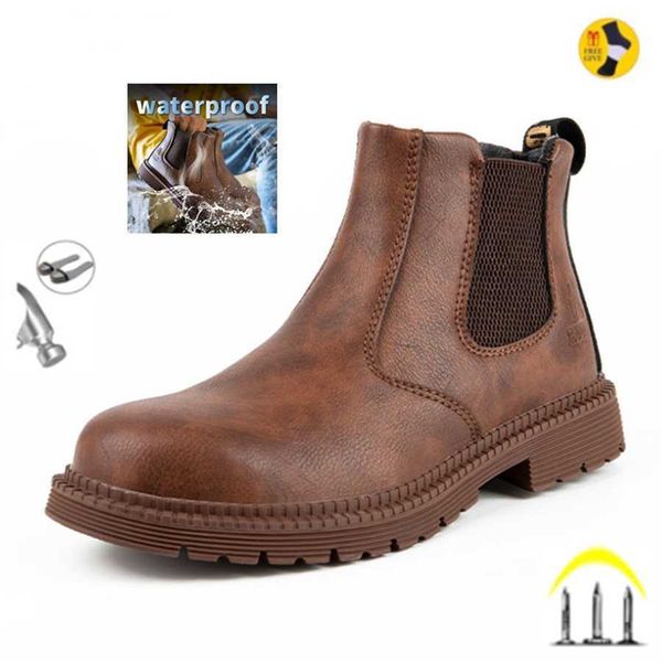 Водонепроницаемая защитная рабочая обувь для мужчин, кожаные ботинки «Челси» со стальной головкой, мужская обувь, неразрушимая конструкция, безопасность 230922