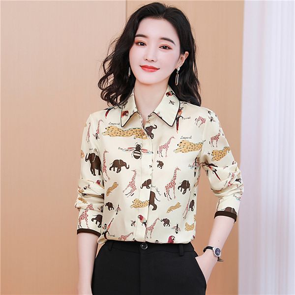 Klasik yaka düğmesi Up gömlek ipek saten kadın tasarımcı uzun kollu hayvan baskı bluzları 2023 Sonbahar Kış Ofis Bayanlar Resmi Gömlek Basit Moda Pist Üstleri