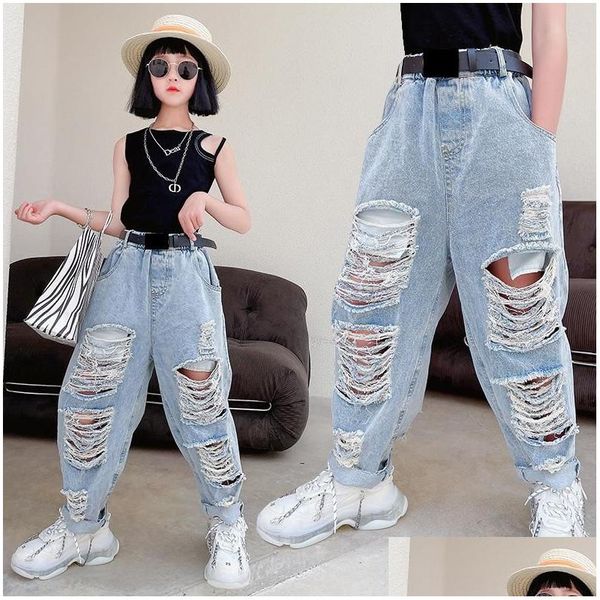 Calças Calças Calças Coreanas Jeans Azul Calças Bebê Meninas Criança Crianças Roupas Denim Bot Harem Rasgado Buracos Morreram Capris 4 a 16 Anos Bebê, K Dhssd