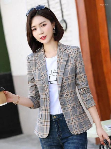 Damenanzüge Vintage Hochwertiger Blazer Jacke Frauen Herbst Plaid Britischer Stil Elegante Mode Party Business Casual Anzug Tops