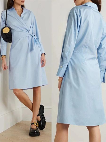 Vestidos casuais 2023 outono mulheres cintura lace-up camisa azul vestido turn-down colarinho manga longa senhora temperamento alto magro joelho-comprimento robe