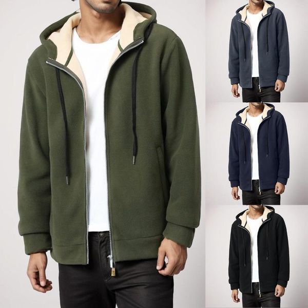 Jaquetas masculinas outono e inverno jaqueta de lã cor sólida com capuz manga longa zip up cardigan plush térmico forrado moletom casacos