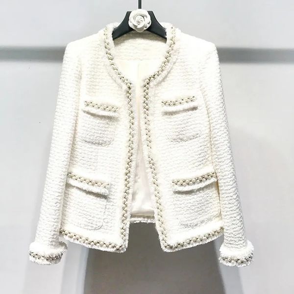 Damenjacken Weiße Tweed-Damenjacke Handgefertigte Perlen Frühling Herbst Winter Wollmantel Klassische Wolljacke Damen 231007