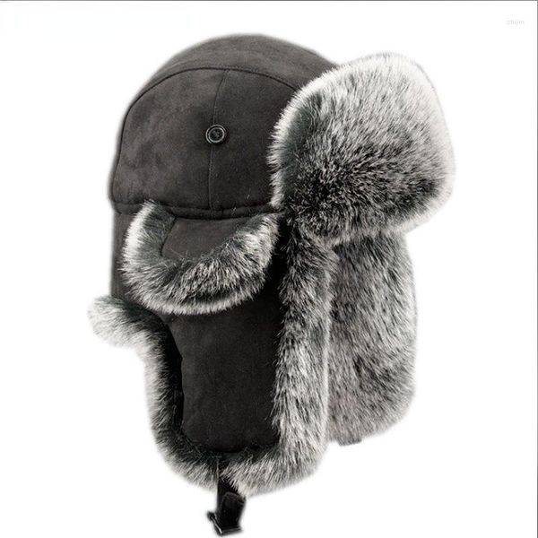 Berets Inverno Russo Homem Mulher Wholeskin Natural Rex Fur Chapéus Luxo Real Pele De Ovelha Couro Cap Unisex Bomber Hat