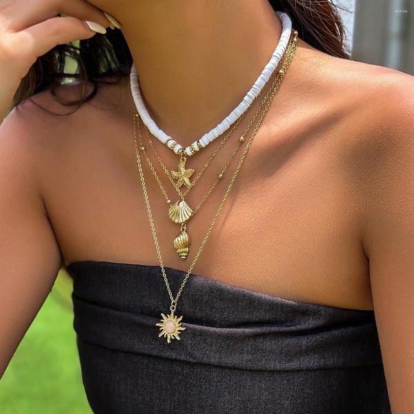 Anhänger Halsketten Mehrschichtige Mode Natürliche Opal Seestern Muschel Halskette 18 Karat vergoldet Conch Frauen Choker Strand Party Boho Schmuck Geschenk