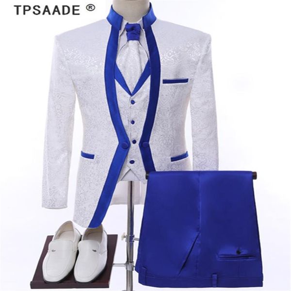Conjunto de roupas de palco com aro azul real branco para homens, conjunto de ternos de casamento, noivo, smoking, jaqueta formal, calças, colete tie241d