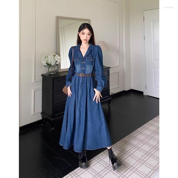 Vestidos casuais mulheres denim vestido hong kong estilo cintura emagrecimento joelho-alto azul outono design plissado saia nicho retro longo leve estiramento