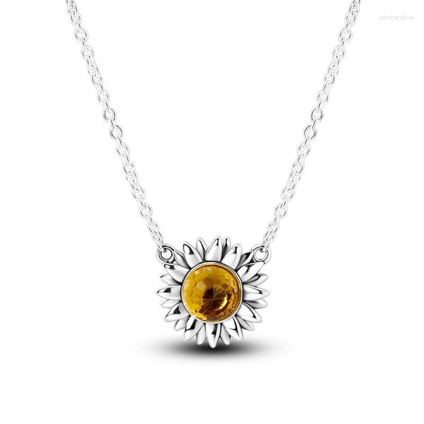 Pingentes jóias de luxo girassol sol flor pedra corrente colar collier gargantilha feminino 925 prata presente