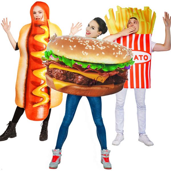 Karnaval Partisi Komik Yemek Cosplay Cadılar Bayramı Kostümü Yetişkin Aile Fantezi Elbise Pizza Burger Fries Sosis sosisli sandviç Outfitcosplay