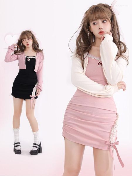 Lässige Kleider Süße Kawaii-Stil Zweiteiliges Set Damen Japanisch Vintage Minikleid Anzug Weibliche Stickerei Niedliche Strickjacke Geraffte Spitze