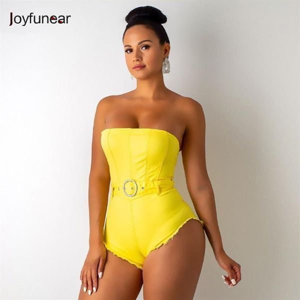 Joyfunear yaz seksi denim bodycon bodysuit sarı kanatlar kadınlar playsits moda mavi parti tulum kadın romper clubwear245k