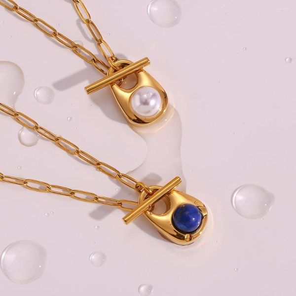 Colares Pingente Brilhante Dainty Pequeno Bonito T Bloqueio Waterdrop Design Lapis Pérola Para Mulheres Banhado A Ouro Colar De Aço Inoxidável