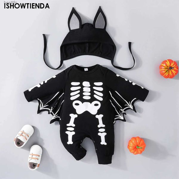 Tema Traje Halloween Bebê Menino Morcego Macacão Recém-nascido Infantil Romper Manga Longa Esqueleto Playsuit Vem Romper + Chapéu Imp HalloweenL231007