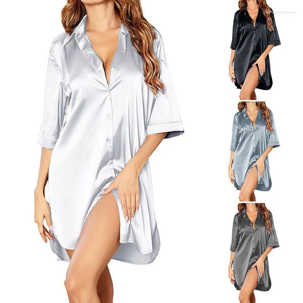 Mulheres sleepwear sexy cor sólida camisola casa desgaste roupa interior mulheres meia manga camisa de dormir solta botão lateral split praia