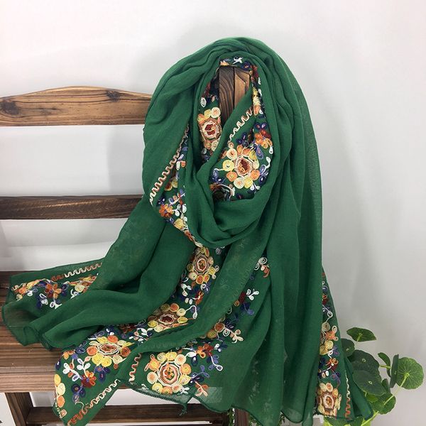 Lenço de inverno feminino, cachecol de algodão e linho com borda de pele emaranhada, europa e américa, casual, pequena flor verde, quente, xale feminino