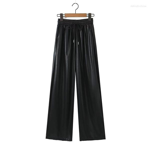 Pantaloni da donna YENKYE Autunno Donna Vintage Nero con coulisse Vita elastica Pantaloni dritti larghi a figura intera in ecopelle