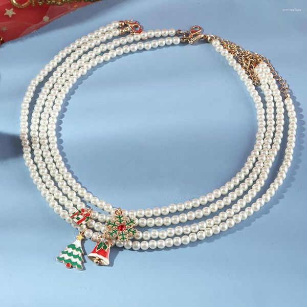 Pingente colares elegante moda imitação pérola mulheres bonito dos desenhos animados liga floco de neve sino presentes de natal para meninas