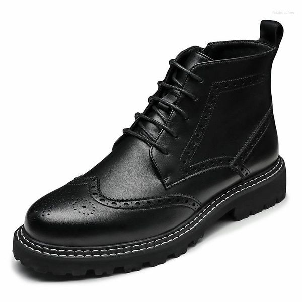 Botas masculinas casuais vestido de festa de casamento couro de vaca esculpida brogue sapatos outono inverno bota plataforma tornozelo botas masculinas