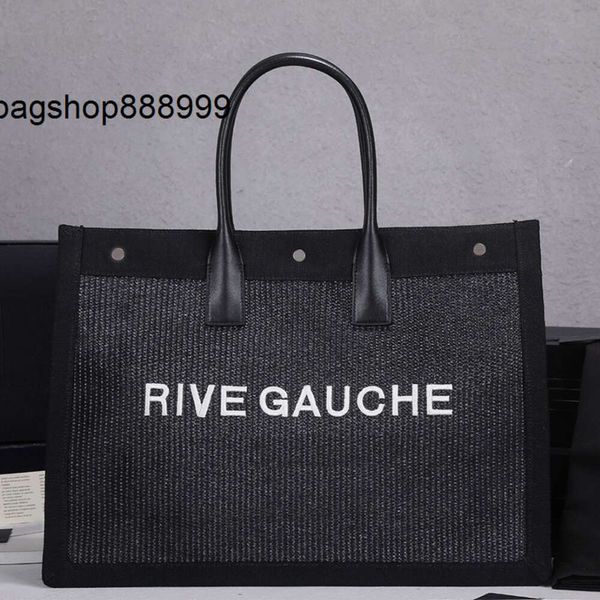 Mode-Einkaufstaschen, hochwertige Rive Gauche-Handtaschen, Einkaufstasche, Einkaufstasche, Segeltuch, Leder, bestickte Buchstaben, Druckknopfverschluss, große Kapazität, Tasche, Damen, Sommer, gewebt