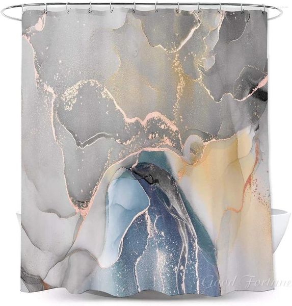 Duschvorhänge, Blau-Gold-Marmor-Vorhang-Set, Tinte, gemischte, rissige Linien, abstrakter Stein, luxuriöse Polyester-Badezimmerdekoration mit 12 Haken