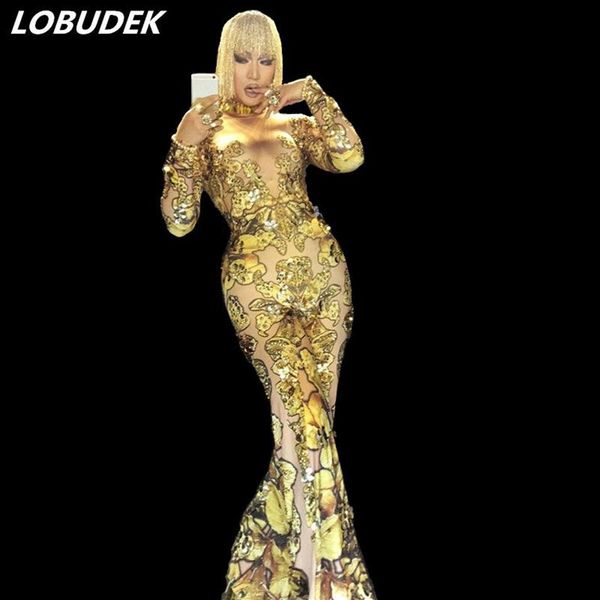 Золотисто-желтый комбинезон с блестящими кристаллами, блестящие бриллианты, сексуальные комбинезоны, женские сценические костюмы для певицы, выпускного вечера, праздничный костюм для вечеринки P292W
