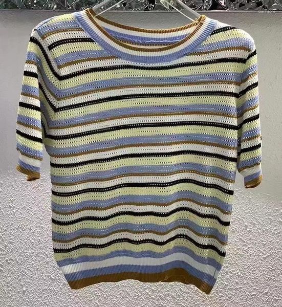 Kadın Sweaters Yüksek Kaliteli Örme 2023 Sonbahar Jumpers Bayanlar Çizgili Desenler Örgü Yarım Kollu Kazanmalar Üst Kıyafetler