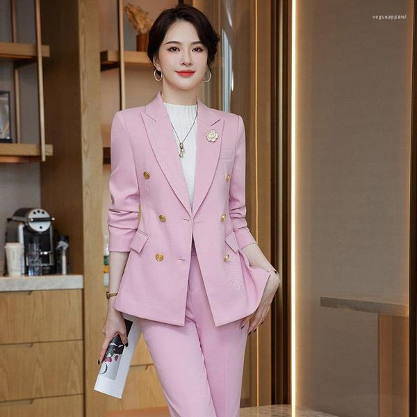 Женские брюки из двух предметов, элегантные розовые осенне-зимние официальные женские деловые костюмы с куртками и пальто, профессиональные брючные костюмы, комплект брюк