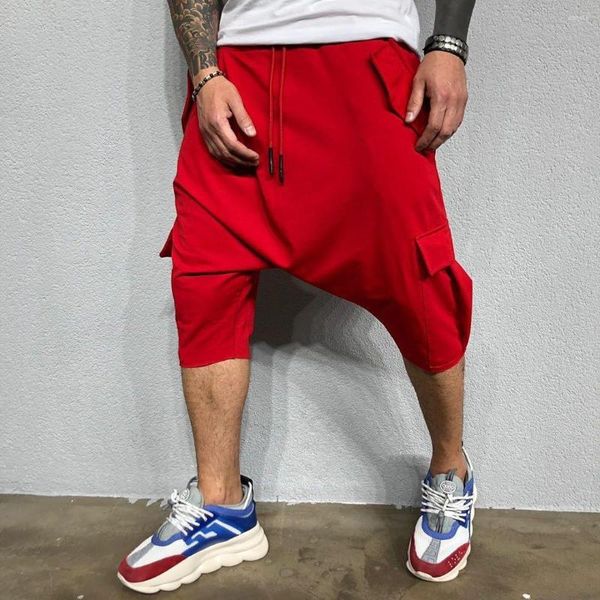 Shorts masculinos harem calças esportes estilo hop 2023 dança cortada calças respiráveis masculino sólido casual multi-bolso curto baggy hip