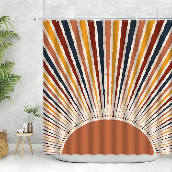 Duschvorhänge, Retro-Sonnenvorhang, Haken, Vintage, bunt, Sonnenuntergang, geometrisch, abstrakt, Kunstdruck, Heimdeko, Badezimmer, Polyester-Set