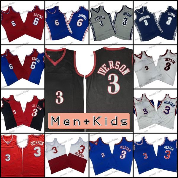 Retro 3 Allen Iverson Basquete Jerseys 6 Julius Erving Georgetown Hoyas Iverson Kids Mens Vermelho Azul Split Edição Especial Vintage Jersey